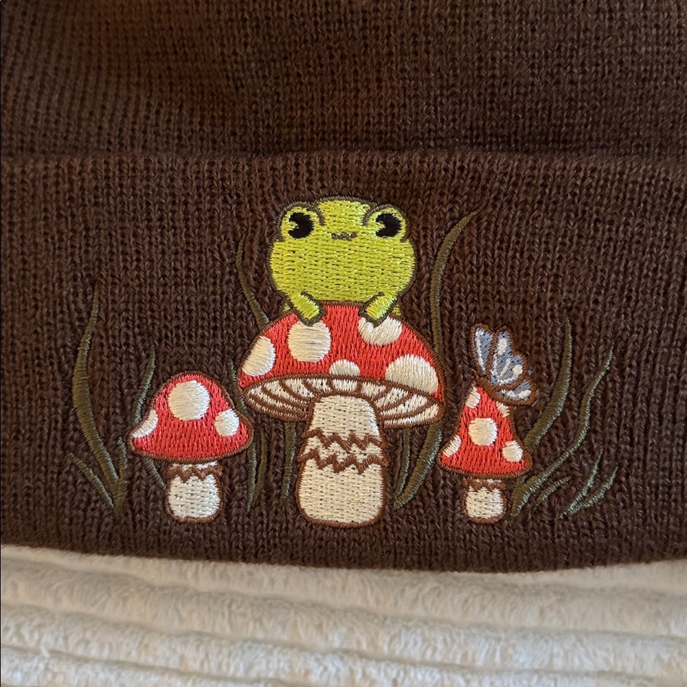 Brown Beanie with Frog and Mushroom Design - Picture 2 of 3